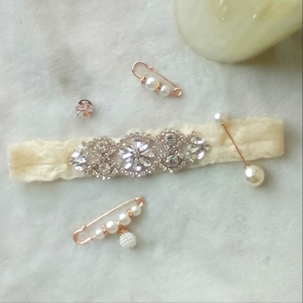 Vintage Ivory Crystal Pearl Lace Non-slip Wedding Garter Pin Barrett Bundle Set - Picture 2 of 13